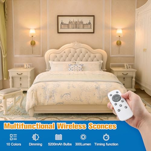 NIORSUN Gold Rechargeable Battery Wall Sconce Set of 2 - 24 Inch, Dimmable, Remote, 10 Color Options