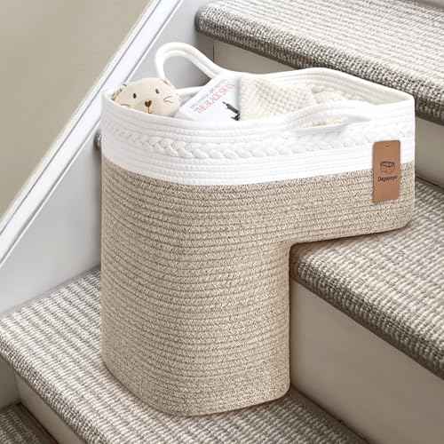 Woven Stair Basket, Stair Baskets for Wooden Stairs, Carpeted Stairs Storage Basket with Handles, Staircase Baskets for Toys, Books, Brown, 15¡± L x 10¡± W x 15¡± H