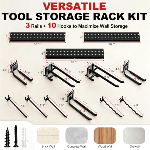 ZICANYCO 49.5-Inch Garage Tool Organizer Wall Mount with 10 Adjustable Heavy-Duty Hooks, 3 Panels, Holds Up to 400 lbs