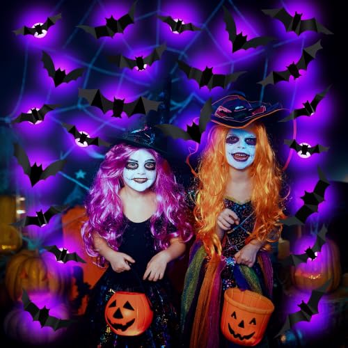 Purple LED 3D Bat Set for Halloween Decorations - 36 pcs, 5 Sizes & 4 Shapes