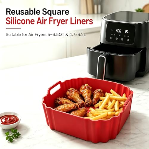 Victoyaw 2-Pack Square Silicone Air Fryer Liners 8.5" for 5-6.5 QT (Black+Red), Ninja AF141/AF181, COSORI, Chefman