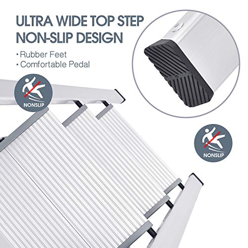 KINGRACK 3-Step Aluminium Ladder with Handrail - Lightweight Foldable Step Stool for Kitchen, Garage, Home, Silver