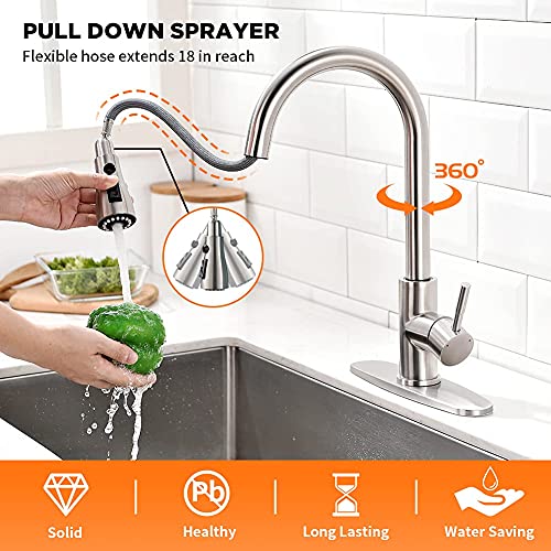 OWOFAN Classic Brushed Nickel Kitchen Faucet with Pull-Down Sprayer, 1-Hole Deck Mount, Stainless Steel
