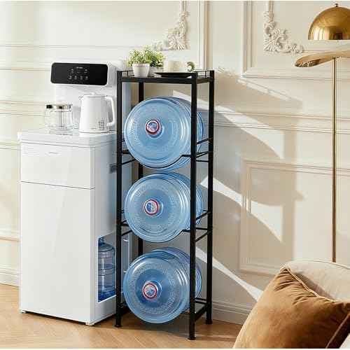 5 Gallon Water Jug Holder, Water Bottle Holder with Top Shelves, 4-Tier Water Jug Rack Water Jug Stand Heavy Duty Water Bottle Storage Rack Dispenser Stand Organizer for Kitchen,Office, Black