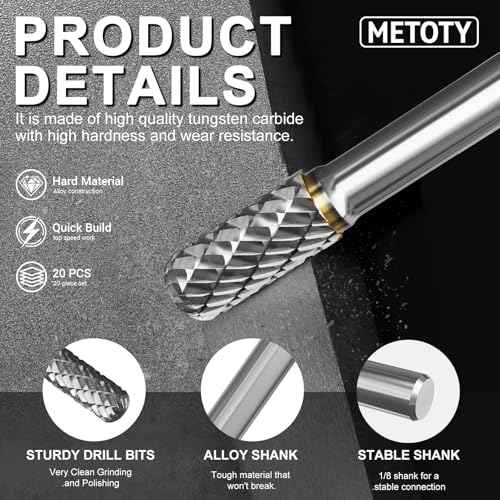 20-Piece Carbide Burr Bits Set - 1/8'' Shank for Dremel, Milwaukee | Metal, Wood, Stone Grinding & Carving | Rotary Tool Accessories