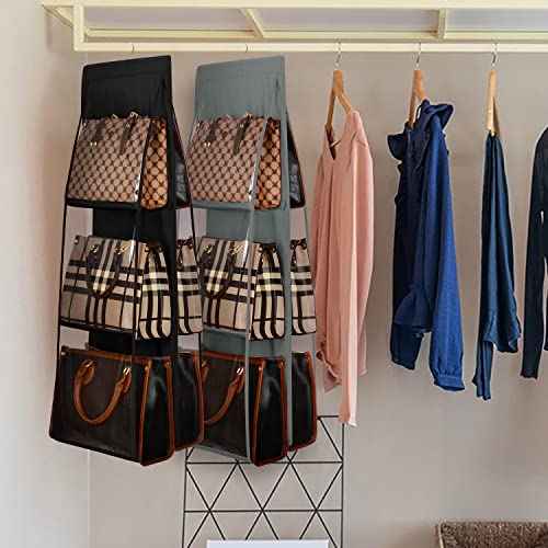 Lirex Medium and Large Handbag Hanging Purse Organizer for Closet, Handbag Storage Organizer Hanger Oxford Cloth Closet Organizer for Family Closet Bedroom, Foldable and Universal Fit, Black