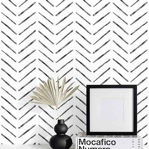 Rugreat Herringbone Peel and Stick Wallpaper Modern Stripe Contact Paper for Cabinets Neutral Self Adhesive Removable Wallpaper for Bedroom Bathroom Waterproof Black and White 78.8inL17.3inW