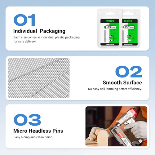 meite 23 Gauge Pin Nails, 1-3/8 Inch Micro Headless Pins - Galvanized 23GA Pins Nails for Nail Gun, Ideal for Fine Woodworking and Trim Work (2,000 Counts)