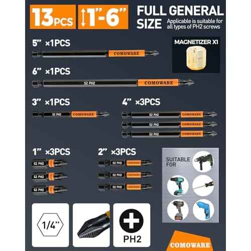 COMOWARE 12pcs Phillips Head Drill Bits #2, S2 Steel 1/4" Hex Bit Set, Anti Slip Screwdriver Bits, 1-6" Length, CNC Tip Magnetic Drill Bit, Impact Hex Bitss Sets For Electronic Devices Disassembly