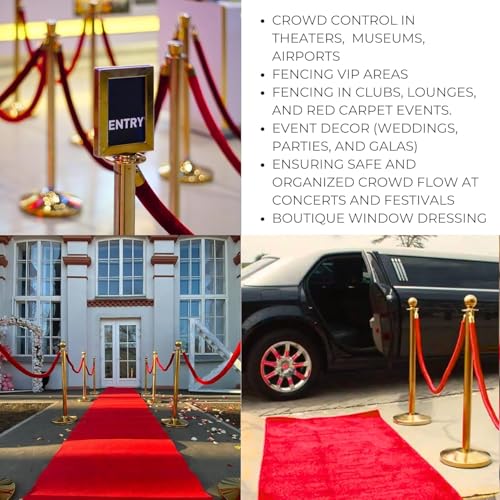 4PCS 42mm Thick Red Velvet Ropes for Crowd Control ? 5FT Premium Stanchion Rope with Hooks Velvet Ropes and Posts for Red Carpet Stanchions Events Weddings Parties