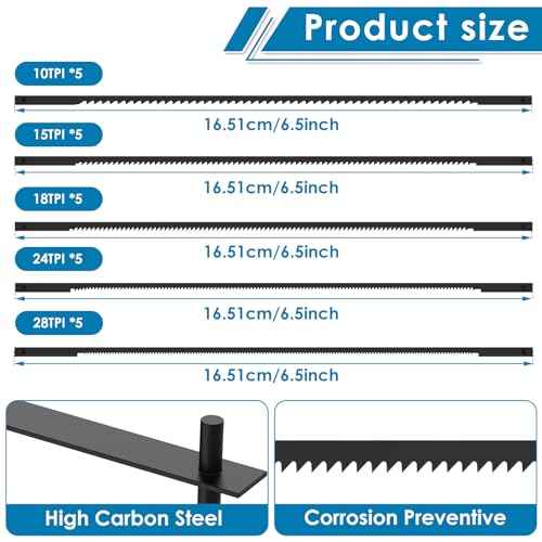 25Pcs Scroll Saw Blade Set, 6-1/2inch High Carbon Steel Coping Saw Blades(10TPI/15TPI/18TPI/24TPI/28TPI), Clean Cut Scroll Saw Blade Pin End Replacement for Cutting Wood Plastic Metal Leather