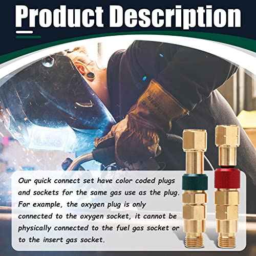 Upgraded QDB10 Torch to Hose Quick Connect Set, With Check Valves. Brass construction color coded for safety (oxy/green, fuel/red).