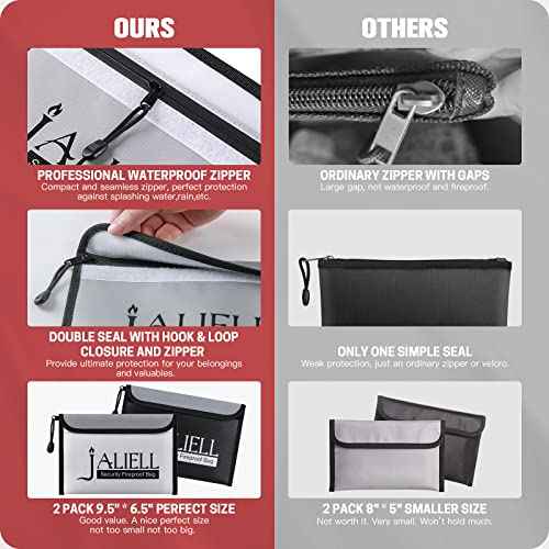 2 Pack Fireproof Money Bag (9.5x6.5''), Non-itchy Waterproof Fireproof Bag with Zipper, Small Fire Proof Money Bag for Cash, Valuables, Passport, Currency & Keys (Black & Grey)