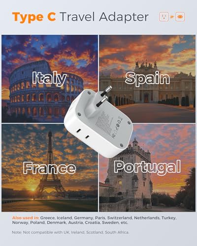 TESSAN European Travel Plug Adapter 2 Pack - White Grey, Type C Compatible