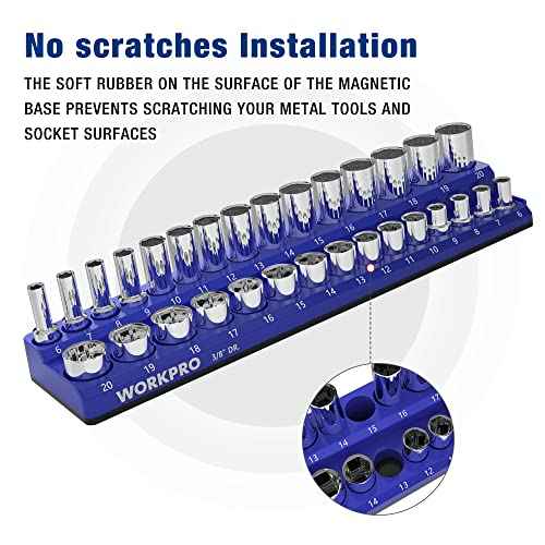WORKPRO Magnetic Socket Organizer Set, 3-Piece Socket Holder Set Includes 1/4", 3/8" and 1/2" Drive Metric Socket Trays, Holds 75 Pieces Standard Size and Deep Size Sockets(Socket not Included)