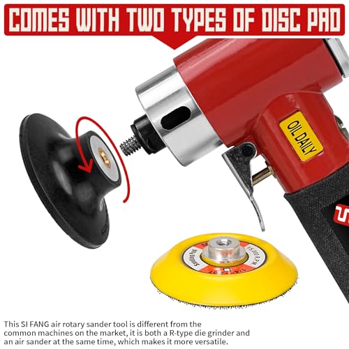 SI FANG 3 Inch Air Sander Right Angle Grinder, Upgraded Mini Pneumatic Polisher Surface Prep Conditioning Rotary Tool Kit with 45Pcs Roll Lock Quick Change Disc and Sanding Discs