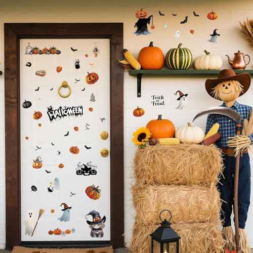 Halloween Wall Stickers and Window Clings 6 Sheets - Removable Peel and Stick Spooky, Bat, Pumpkin, Cat Decals for Home Office Classroom Halloween Decorations
