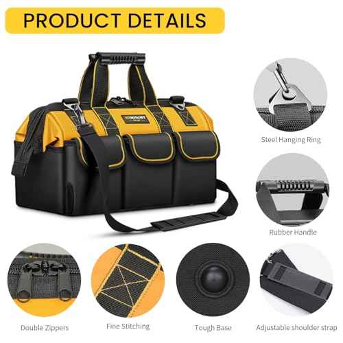 Tool Bag, 18-inch Wide Mouth Tool Organisers, 600 Denier Large Tool Bag for Home DIY & Equipment Storage, Yellow and Black