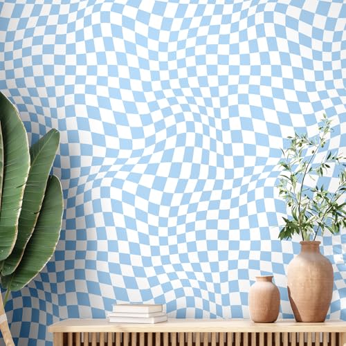 15.75''x118'' Checkered Peel and Stick Wallpaper Aesthetic Removable Contact Paper Preppy Wallpaper Decorative Checkerboard Decor for Cabinets(Light Blue)