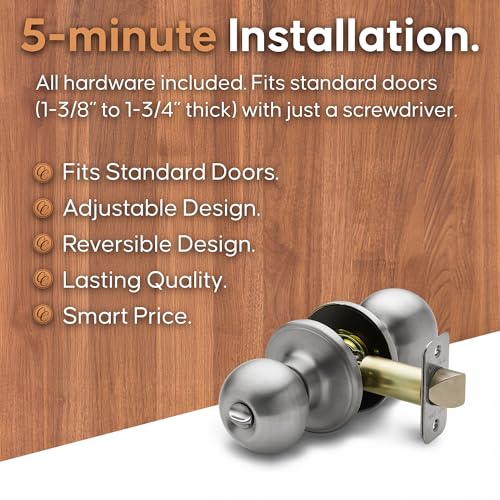 Copper Creek Privacy Interior Door Knob Pack Satin Stainless - Reversible, Heavy Duty, Easy Install for Bedrooms & Bathrooms