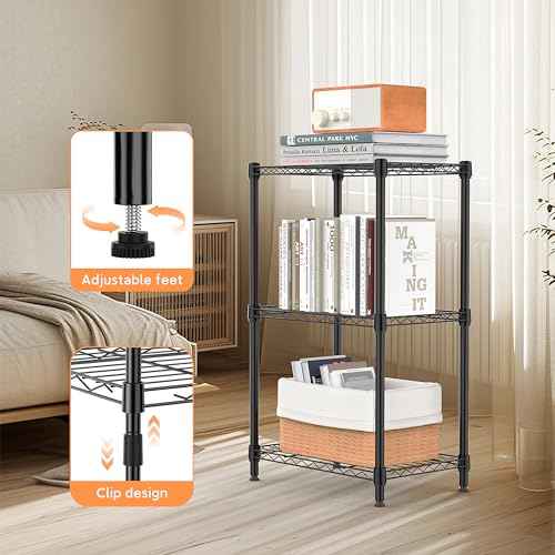 3 Tiers Shelf Metal Storage Shelves Wire Rack Closet Organizers with Wheel for Garage Kitchen Bathroom Laundry Black 11.8" D x 17.7" W x 28.8" H