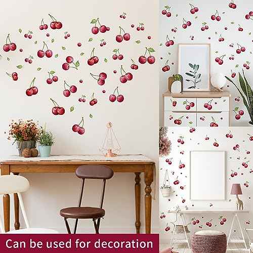 4 Sheets 96 Pieces Cherry Wall Decals Fresh Fruit Wall Stickers DIY Peel and Stick Green Leaf Cherry Wall Art Wallpaper for Bedroom Living Room Kid's Room Nursery Rental House Apartment Decoration