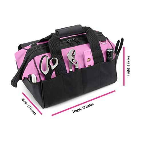 Pink Power Pink Tool Bag for Women -16" Tool Tote Bag w/ 22 Storage Pockets - Womens Small ToolBag Ladies ToolBox for Hand Tools, Power Kits & More - Womens Zipper Toolbag Caddy Organizer