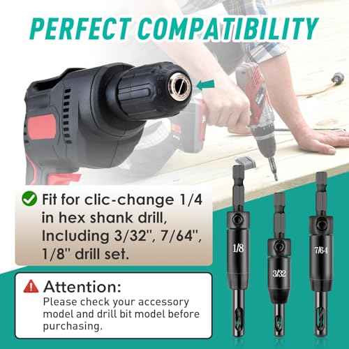 3 Pcs CC2430 Self Centering Drill Bit Set 3/32", 7/64", 1/8" - VIX Bit for Bosch Clic-Change 1/4" Hex Shank Drill - Self Centering Hinge Drill Bit #6 8 10 Screws