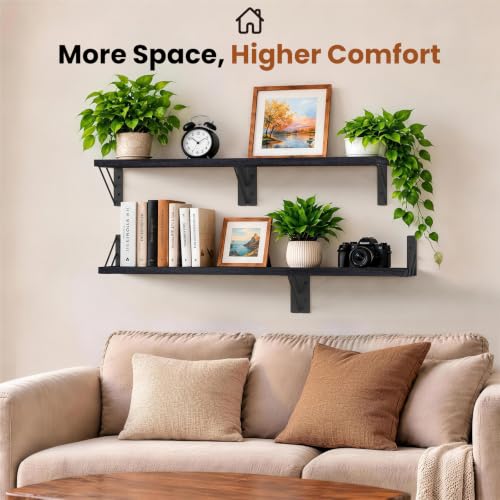 BAYKA Black Floating Wall Shelves Set of 4 - 16-Inch Wall-Mounted Shelving with Black Brackets & Boards, Rustic Design