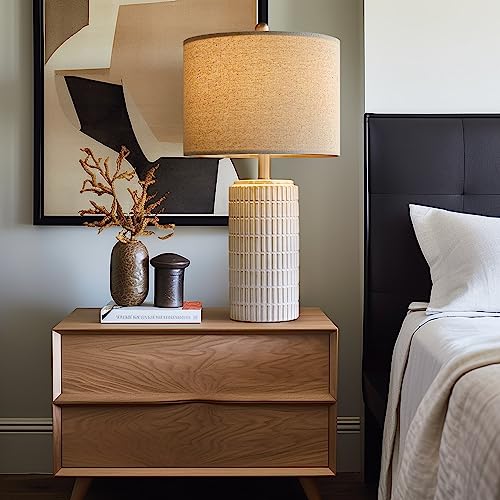 PoKat 23-Inch Modern Ceramic Table Lamp Set of 2 - Beige and White, Living Room & Bedroom Decor