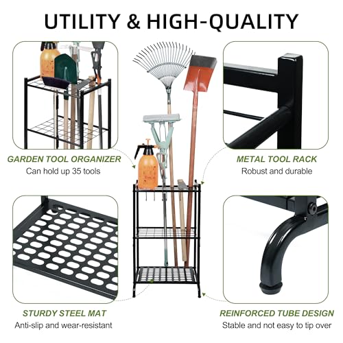 Garden Tool Organizer with Storage Hooks, Yard Tool Tower Rack for Garage Organization and Storage, Up to 35 Long-Handled Tools, Metal Tool Holder with 6 Hooks, Black