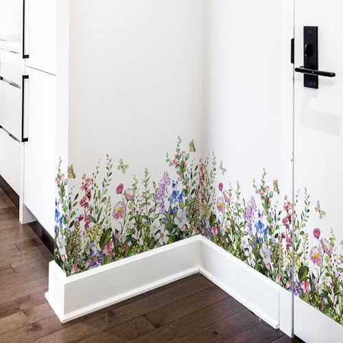 Plant Grass Wall Stickers Wall Corner Stickers Flowers Butterflies Base Board Skirting Line Wall Decals for Bedroom Living Room Staircase Kitchen Bathroom