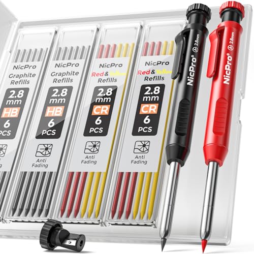 Nicpro 2-Pack Mechanical Carpenter Pencils with Deep Hole Tip, Sharpener & Refills - Black & Red Construction Marking Tools