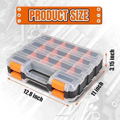 Tool Box with Transparent Lid, Double Side 34-Compartments Organizer Box with Removable Dividers for Hardware, Screws, Bolts, Nails, Beads, Jewelry and Fishing Accessories, Orange, 2 Pack