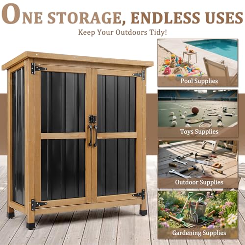 PetsCosset Small Black Outdoor Storage Cabinet with Lockable Doors, Weatherproof, 32x13x40 inches
