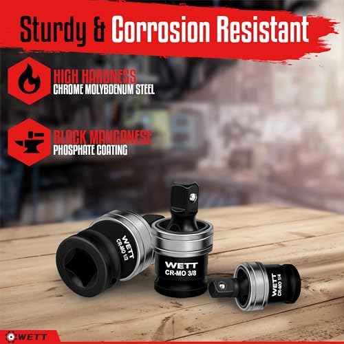 WETT 3-Piece Impact Universal Joint Set, 1/2", 3/8" and 1/4" Drive Socket Swivel Adapter Set, Impact Grade Wobble Sockets, U-Joint Sockets, CR-MO Steel