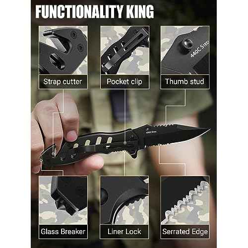 Tactical Legal Knife for Men Women - 2.68 inch Serrated Blade - Small Black Pocket Knives with Glass Breaker Seatbelt Cutter - Cool Folding Tool for Camping Work EDC - Mens Birthday Gift Ideas 6655 B