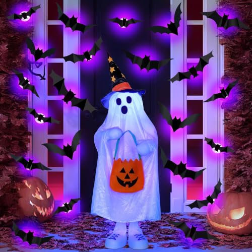 Purple LED 3D Bat Set for Halloween Decorations - 36 pcs, 5 Sizes & 4 Shapes