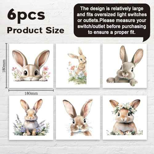 AHANDMAKER 6Pcs Cute Rabbit Light Switch Stickers, 7x7 Inch Easter Rabbit Flower Wall Sticker Light Switch Decals for Easter, Nursery Bedroom Living Room Office Home Family DIY Decor