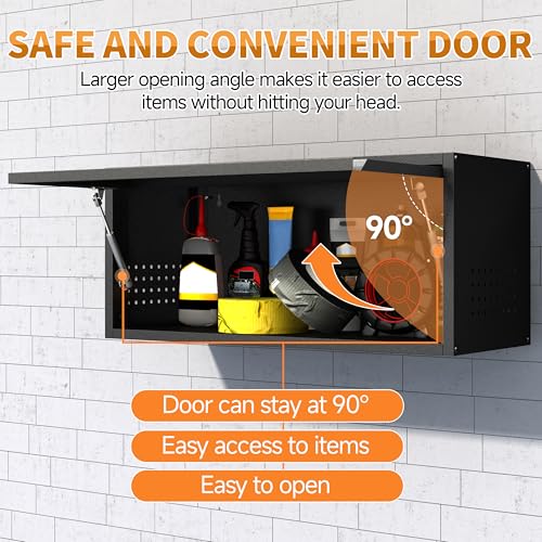 Firstsky 13.8" Black Wall Cabinet with Up-Flip Door, Pegboard Sides, Heavy-Duty Steel Garage Storage