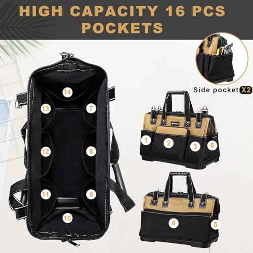 20 IN Large Tool Bag For Men Heavy Duty, Drill Bag Tool Bag Organizer, Wide Mouth Waterproof Hard Bottom Multiple Pockets Tool Tote, Tool Caddy, Maintenance