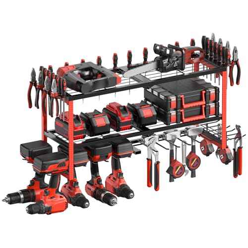 CCCEI Power Tool Organizer Wall Mount, Large 3 Layer Garage Storage Shelves and Organization, Heavy Duty Metal Drill, Battery, Tools Box Holder Rack, Gifts for Men, Red.