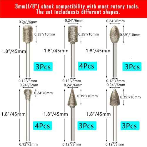 20Pcs Diamond Grinder Bit 1/8" Shank,Stone Carving Set Polishing Diamond Burrs, Rotary Tools Accessories Grinding Burrs for Stone Glass Resin Porcelain Ceramic Quartz Glaze Steel Carve Engrave Polish
