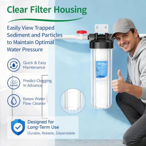 Whole House Water Filter Housing with 1 PP Filter, 20"x4.5", 1" NPT
