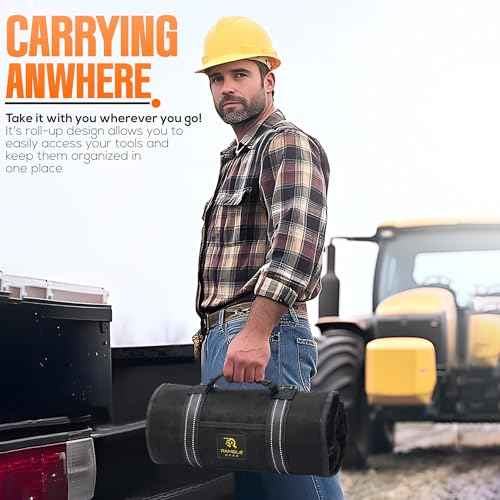 Roll up tool bag with Carabiners - 5 Large Oversized Pockets with Labels-Tool roll bag organizer - Canvas foldable tool Bag organizer | Tool organizer bag for Mechanic, Electrician & more