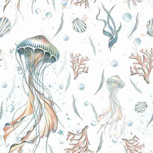 HeloHo Peel and Stick Wallpaper Light Blue Wall Paper Ocean Jellyfish Seaweed Self Adhesive Removable Waterproof Contact Paper for Bathroom Living Room Decor Kids Room Wallpaper 16.1" X 118"