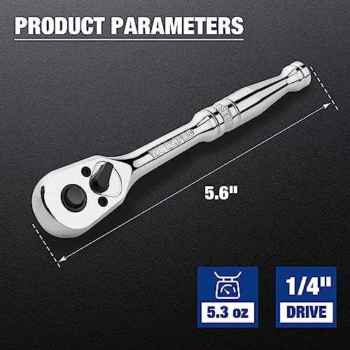 WORKPRO 1/4-Inch Drive Ratchet, Quick-Release Reversible Ratchet Wrench, 72-Tooth 1/4 Drive Ratchet Handle, Chrome Alloy Made, Cr-Mo Head, Full Polished