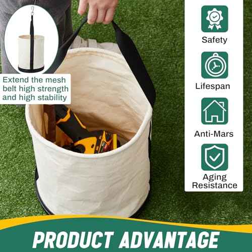 1 Pack Utility Canvas Tool Bucket 15" x 12" All Purpose Canvas Bucket Bag, Truck Tool Organizer with Plastic Bottom Metal Hook for Store Work Accessory, Load Capacity up to 150 Lbs (White)