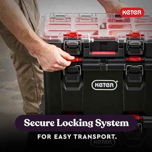 Keter Stack-n-Roll Modular Tools Organizer for Garage Storage and DIY, 3 Piece Resin Rolling Tool Box System for Small Parts, Black