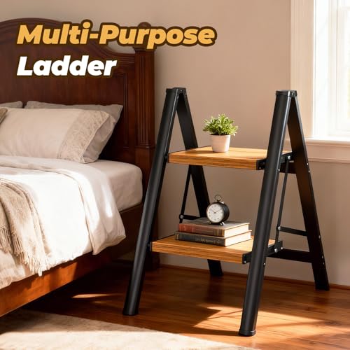 HBTower Black & Woodgrain 2-Step Folding Aluminum Ladder Stool